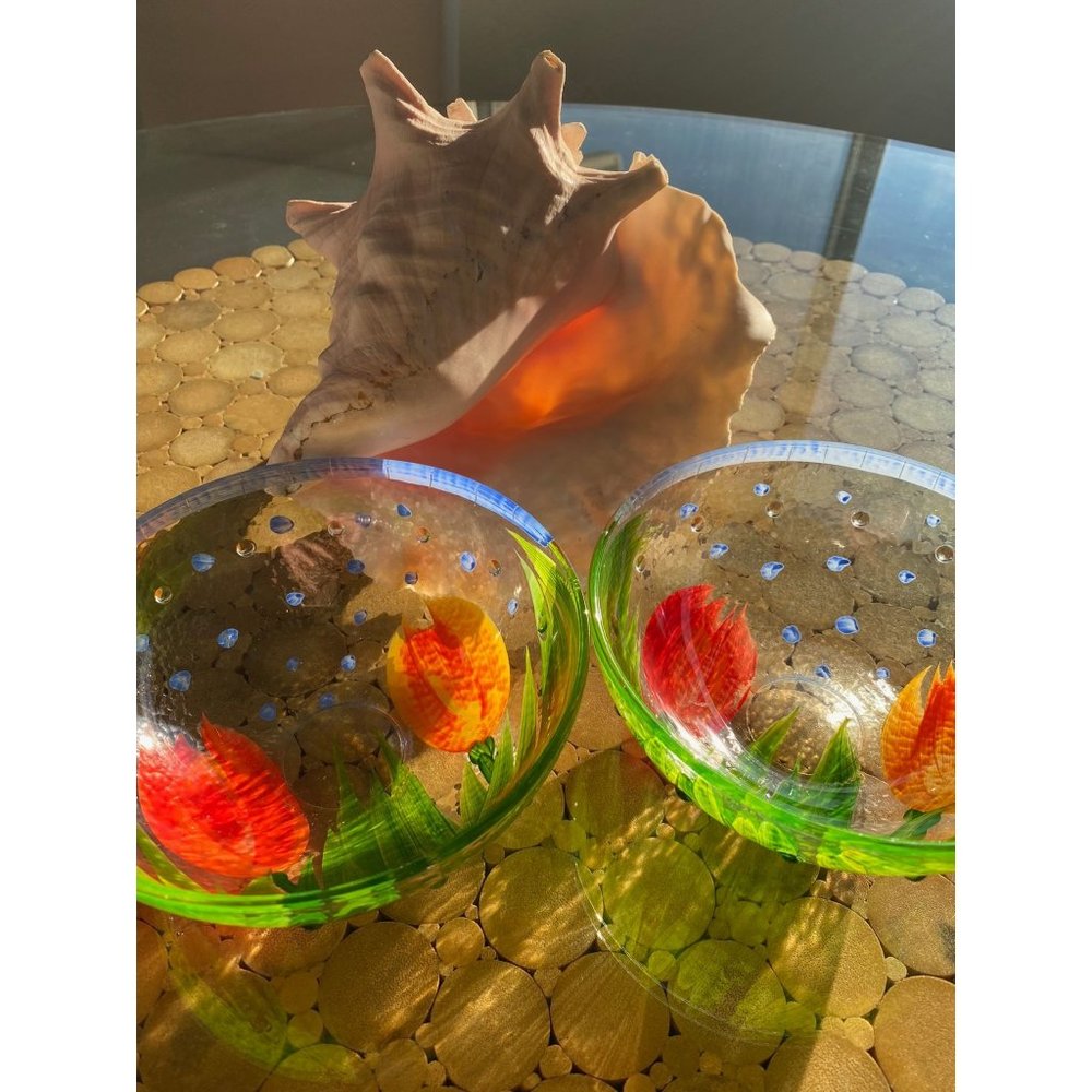 Hand Painted Tulip Fused Glass Bowls with embellished Dots /Set 2